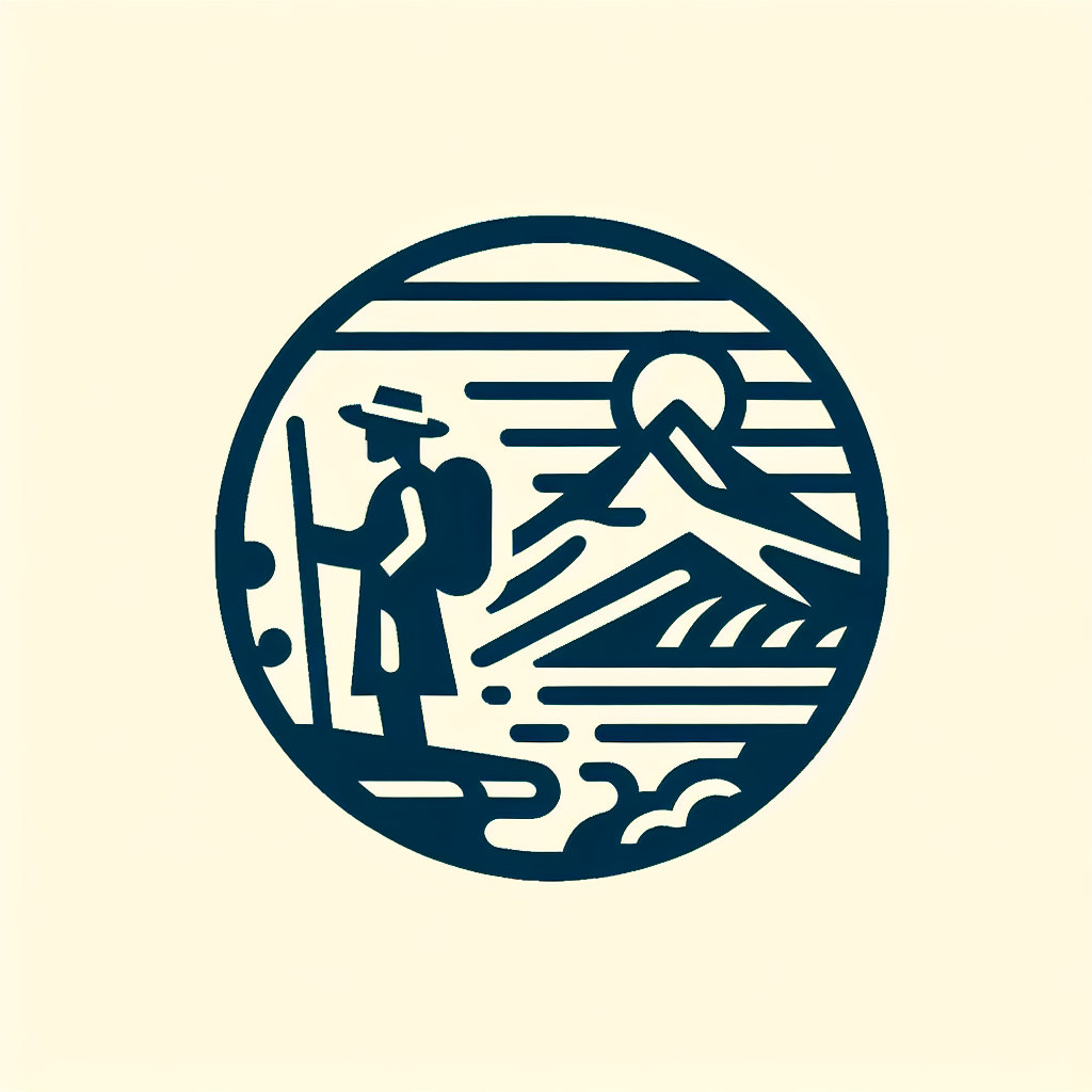 A logo for a site dedicated to travel and exploration, reflecting the spirit of adventure and discovery in a sleek and timeless design that captures the essence of the wandering pilgrim.