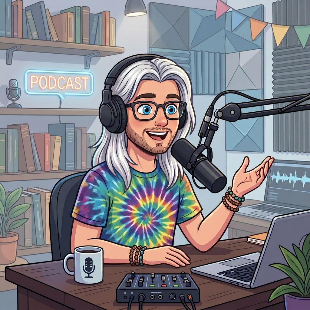 Woman hosting a podcast; signs read “PODCAST” and “ON AIR”